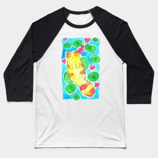 Watercolor Sleepy Lily Pad Tabby Cat Baseball T-Shirt
